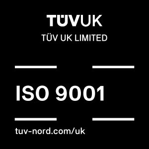 Black - 9001 TÜV UK ISO 9001 certification logo demonstrating Falcon Precision’s compliance with international quality management standards.